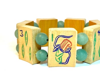 Antique Hand-Carved Bamboo Mah Jong Bracelet: Zither Tile, Matte Green Aventurine