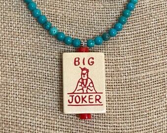 Vintage MahJong Tile Necklace: Joker Tile on Genuine Turquoise Beads