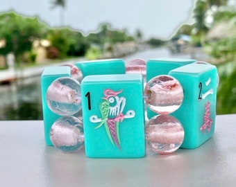 Turquoise Mah Jong Bracelet with Jumbo Pink Foil Glass Beads, Features 1 Bam Bird Tile, Chunky Jewelry, SM 6.25”