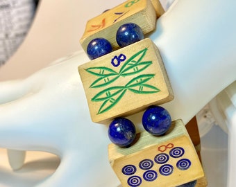 Hand-Carved Bamboo Mahjong Tile Bracelet with Lapis Lazuli Beads