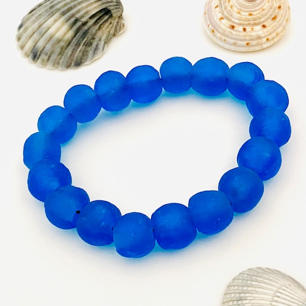 Recycled African Glass Beaded Bracelet in Bright Blue Stacking Stretch Bracelet a la Iris Apfel