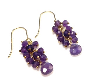 Handmade Genuine Amethyst and Gold Earrings, Dangling Cluster Earrings, Purple Gemstone Earrings, 14K Gold Filled Ear Wires