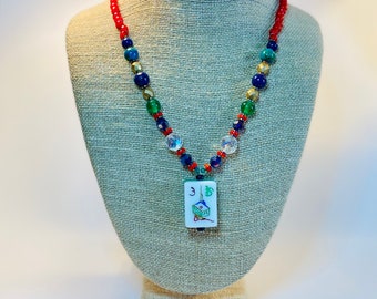 Mah Jong Necklace Vintage 3-Layer Lucite #3 FLOWER Tile Depicts Ancient Chinese Scholar Art on Beaded Necklace of Lapis, Jade and Coral