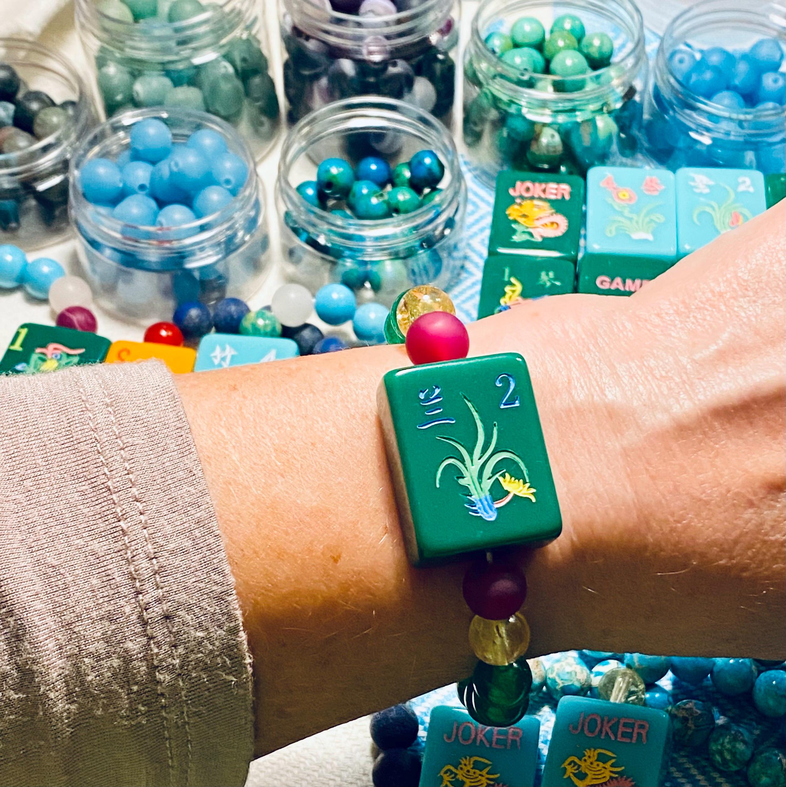 Mah Jong Tile Bracelet with Green #2 Flower Tile on Genuine Green Jade, Yellow Citrine and Hot Pink Agate Beads, Fits to 6.75”