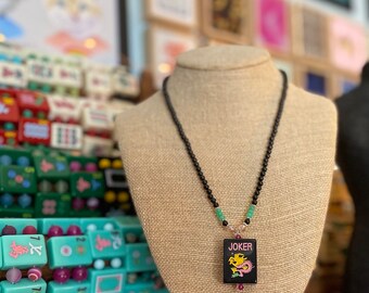 Black Mahjong JOKER Tile Necklace:  Black Onyx, Chrysoprase and Crystals