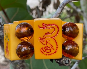 Vintage Bakelite Mahjong Bracelet: Butterscotch Tiles, Red Dragon, Gold Foil Beads
