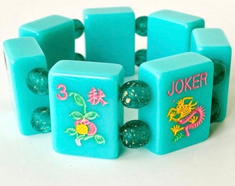 Turquoise Blue Mahjong Tile Bracelet Features a Flower Tile, Dragon, Soap, Winds, NEWS & Turquoise Roman Glass Beads, 7.5”