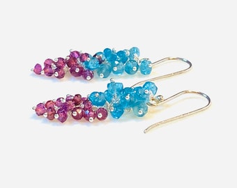 Pink and Blue Gem Cluster Earrings, Genuine Apatite & Pink Tourmaline on Sterling Silver, Hot Pink Gemstones, Baby Blue Gemstones, Handmade