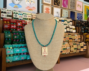 Vintage MahJong Tile Necklace: Joker Tile on Genuine Turquoise Beads