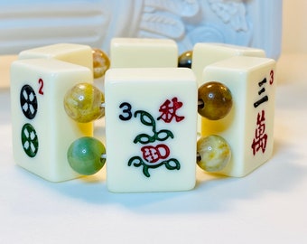 Mah Jong Bracelet #3 FLOWER Tile in Modern Creamy Vanilla Resin Tiles with Fall Colors Bamboo Leaf Agate Beads - Size Small 6"-6.5" Wrist