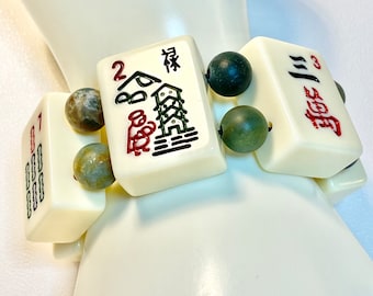 Mahjong Bracelet: Cream Tiles, Jasper Beads, Autumn Colors, Features Pagoda Tile