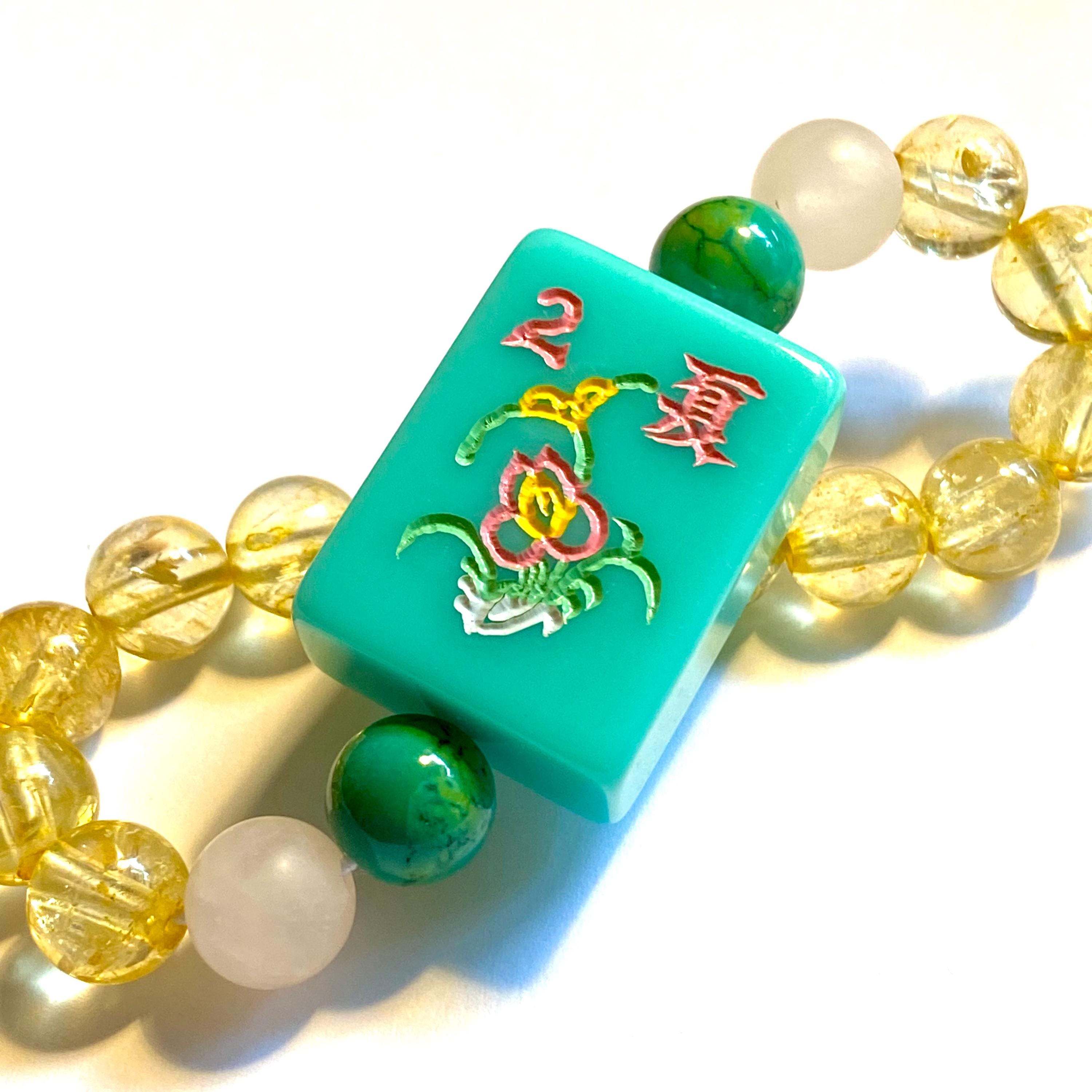 Turquoise MahJong Tile Bracelet Features Flower Tile & Genuine Semi-precious Gemstone Beads of Citrine, Rose Quartz and Turquoise Fits 6.5"