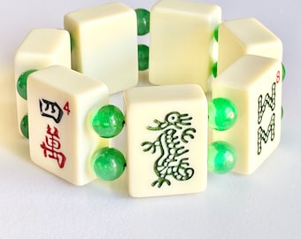 Mahjong Bracelet: Cream Tiles and Green Jade, Features Green Dragon Tile, 7.75"