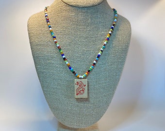 Vintage Mahjong Necklace: American Boxwood Red Dragon Tile Pendant on Multicolored Glass Beads, 20”