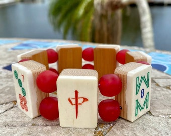 MahJong Bracelet: Vintage Bone and Bamboo Tiles, Matte Red African Glass Beads, Large 8"