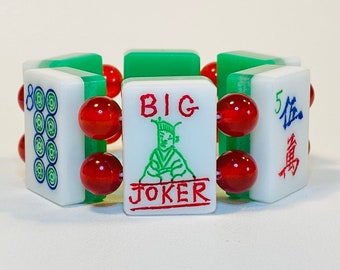 Mah Jong Tile Bracelet of Vintage 1960s Lucite 3 Layer Tiles with Bright Red Translucent Jade Beads, Features Big Joker Tile, Size Small