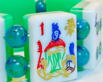 Vintage MahJong Bracelet: Lucite Tiles and Azurite Beads, Features Nobleman Tile
