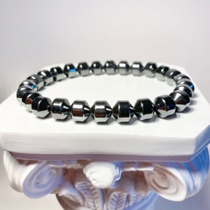 Men’s Hematite Bracelet: Barrel Beads, Stretchy, Large 7.75”