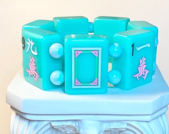 Adorable Turquoise MahJong Bracelet with Light Blue Howlite Stone Beads, Modern Resin Tiles are Colorful with Pastel Paint Colors, 7”