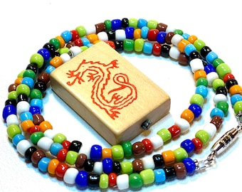 Vintage Red Dragon Mah-Jong Tile Necklace with Multicolored Glass Beads