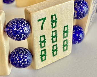 Mahjong Bracelet XL: Vintage Boxwood Tiles with Cobalt Blue Roman Glass Beads