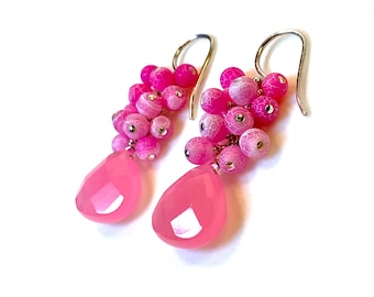 Pink Gem Cluster Earrings, All Sterling Silver with Faceted Pink Jade Teardrops & Tiny Pink Agate Beads, Great Gift for Her, Handmade