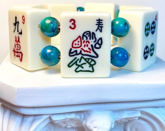 Mah Jong Bracelet of Cream Tiles & Genuine Azurite Beads, Features LONG LIFE Ancient Figure with Walking Stick, Fits Wrists 7.25-7.5”
