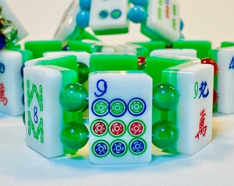 Mah Jong Bracelet: Vintage Lucite Tiles, Green Jade Beads, Upcycled 1960s