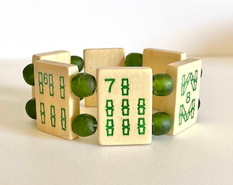 Mahjong Bracelet: Vintage American Tiles, All BAMS with Recycled Green Glass Beads, 6.75”