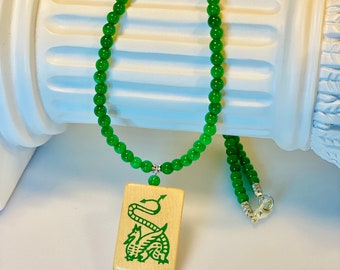 Green Dragon MahJong Tile from a Vintage 1960's American Made Set Dangles from a Strand of Genuine Green Jade Beads Lightweight Slim Design