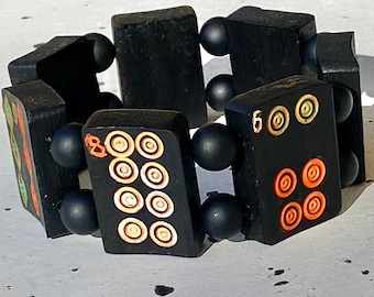 Antique Black Bamboo Mahjong Bracelet: 100yo Tiles with Matte Onyx Beads (Large 7.75")