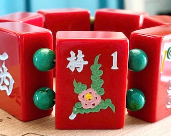 Red MahJong Tile Bracelet with Genuine Turquoise Beads Features a Flower Tile, Dragon, West Wind, and a Mix of Dots & Bams, 7.5”