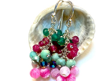 Pink and Green, Gem Cluster Earrings, Chalcedony, Onyx, Chrysoprase, Agate, Sterling Silver, Handmade, One of a Kind, Jewelry for Her