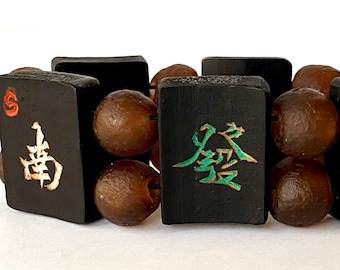 Mah Jong Bracelet: Antique Hand-Carved Black Bamboo Tiles, NEWS and a Dragon, 7.5”