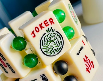 MahJong Bracelet: New Cream Tiles, Green Jade Beads, Features Joker Tile