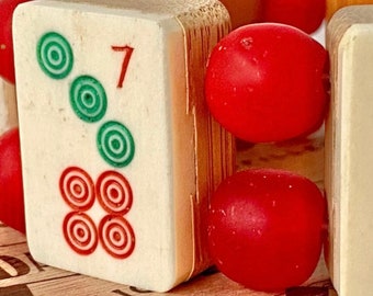 MahJong Bracelet: Vintage Bone and Bamboo Tiles, Recycled Red African Glass Beads, Large 8"