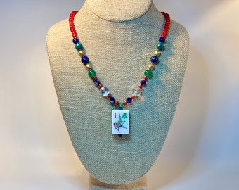 Mah Jong Tile Necklace of Vintage 3-Layered Lucite #1 Flower Depicting Ancient Chinese Scholar Art on Lapis, Jade & Coral