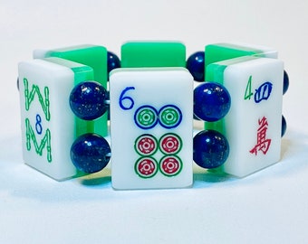 Vintage Lucite MahJong Bracelet of 3 Layer 1960’s Tiles Green Clear & White Strung with Gorgeous Genuine Lapis Beads, Unusual Gift, Size SM