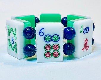 MahJong Bracelet: Vintage Lucite 3 Layer Tiles with genuine Lapis Lazuli Beads