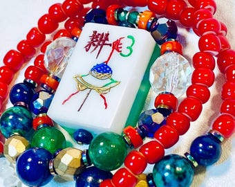 Vintage Mah Jong Lucite Tile Necklace with Gemstone Beads – 20" Sterling Silver Clasp
