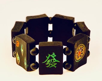 Mah Jong Bracelet: Antique Black Bamboo, 100 Year Old Tiles, Black Onyx Beads, 7.25”