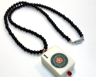 Mah Jong Necklace, Vintage 1960’s Mahjong Tile #1 Dot Tile on a Strand of Genuine Black Onyx Beads, For Unusual Jewelry Lovers, 18” Long