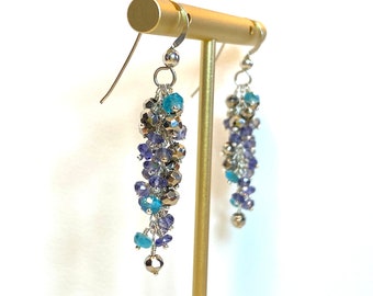 Gem Cluster Earrings of Apatite, Iolite and Pyrite on Sterling Silver, Lightweight, Delicate and Beautiful. Handmade, One of a Kind,