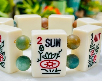 Mah Jong Tile Bracelet of Seasons and Dragons with Moss Agate Beads, LG/XL