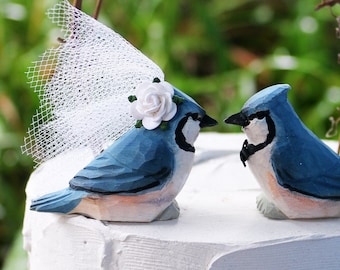 Bluejay Wedding Cake Topper:  Handcarved Wooden Bird Bride and Groom Love Bird Cake Topper - Blue Jay