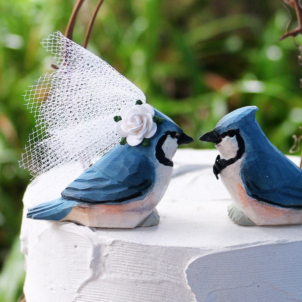 Bluejay Wedding Cake Topper:  Handcarved Wooden Bird Bride and Groom Love Bird Cake Topper - Blue Jay