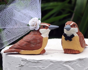 Carolina Wren Wedding Cake Topper:  Handcarved Wooden Bride and Groom Love Bird Cake Topper