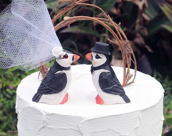 Puffin Wedding Cake Topper - Handcarved, wooden Love Bird Bride and Groom Wedding Cake Topper