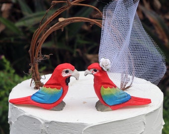Scarlet Macaw Wedding Cake Topper - Handcarved, wooden Bride and Groom Parrot Wedding Cake Topper