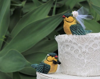 Tanager Bird Cake Topper in Mustard Yellow and Forest Green Carved Wood Bride & Groom Love Bird Cake Topper